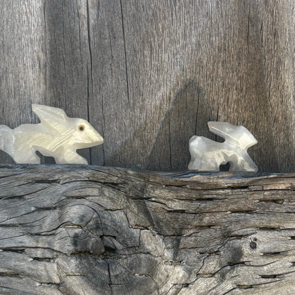 Two Hand Carved Alabaster Quartz Rabbits
